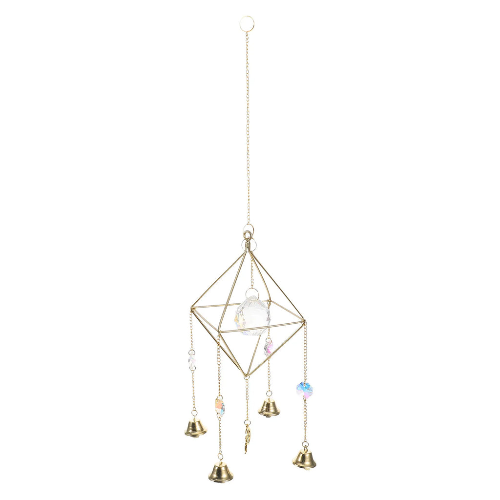 Golden Metal Bell Wind Chime Crystal Suncatcher Pendant Clear Melodic