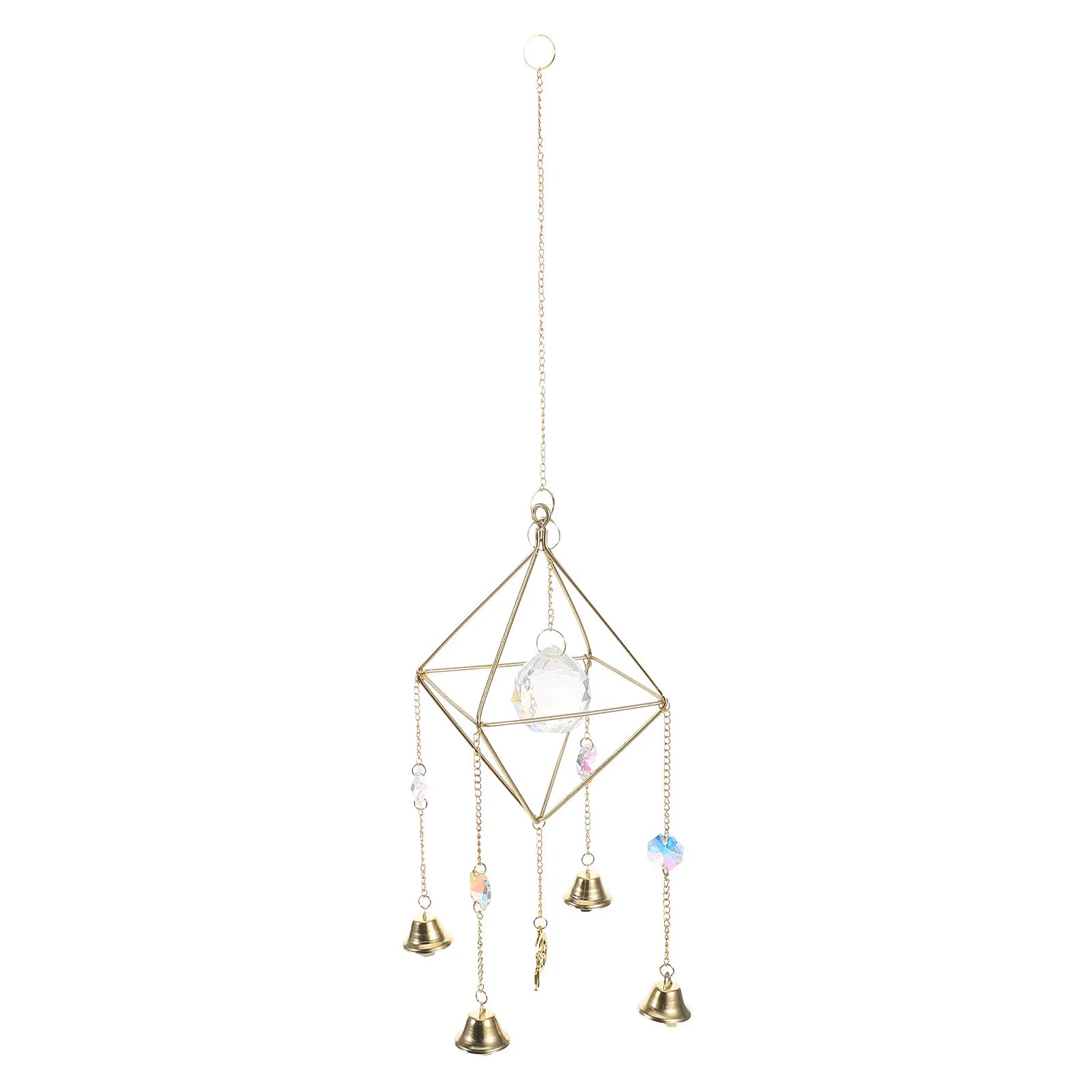 Golden Metal Bell Wind Chime Crystal Suncatcher Pendant Clear Melodic