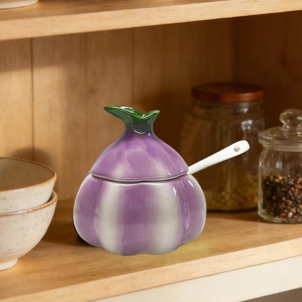 Salt Cellar Kitchen Ceramic Sugar Container Lid Spoon Onion Shaped