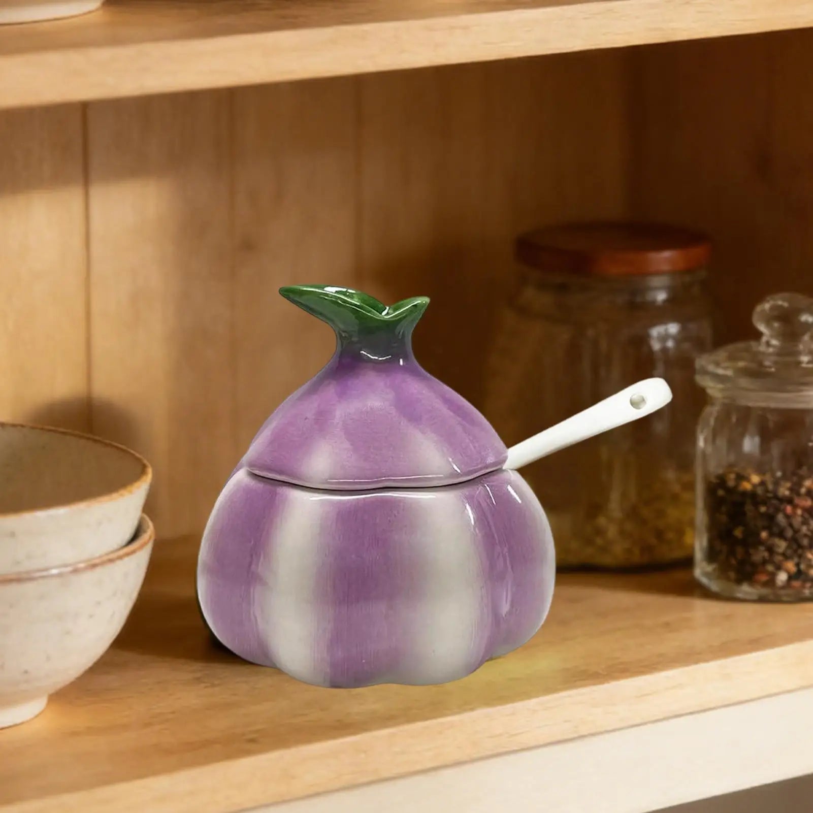 Salt Cellar Kitchen Ceramic Sugar Container Lid Spoon Onion Shaped