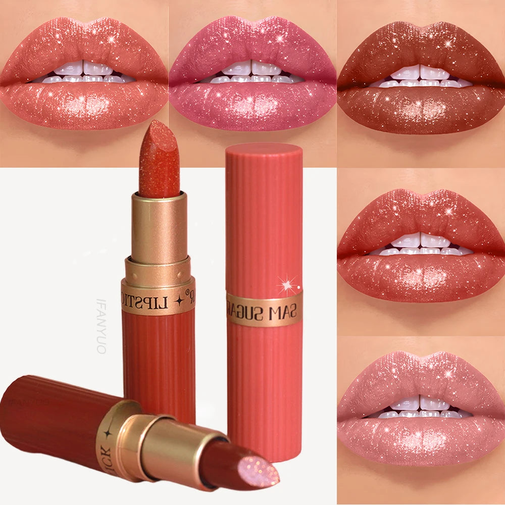 Chocolate Brown Luxurious Metallic Glitter Lipstick Long-Lasting Waterproof Non-Fade Shimmery Pearl Sparkling Lip Gloss Makeup Zpaxo