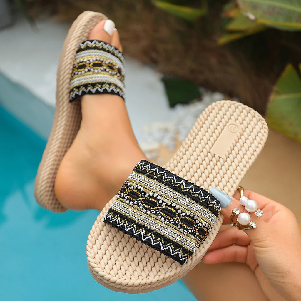 Women Slippers Beach Slides Women Summer Beach Sandals Fashion Ethnic Style Round Toe Casual Comfortable Flat Slippers Women Zpaxo