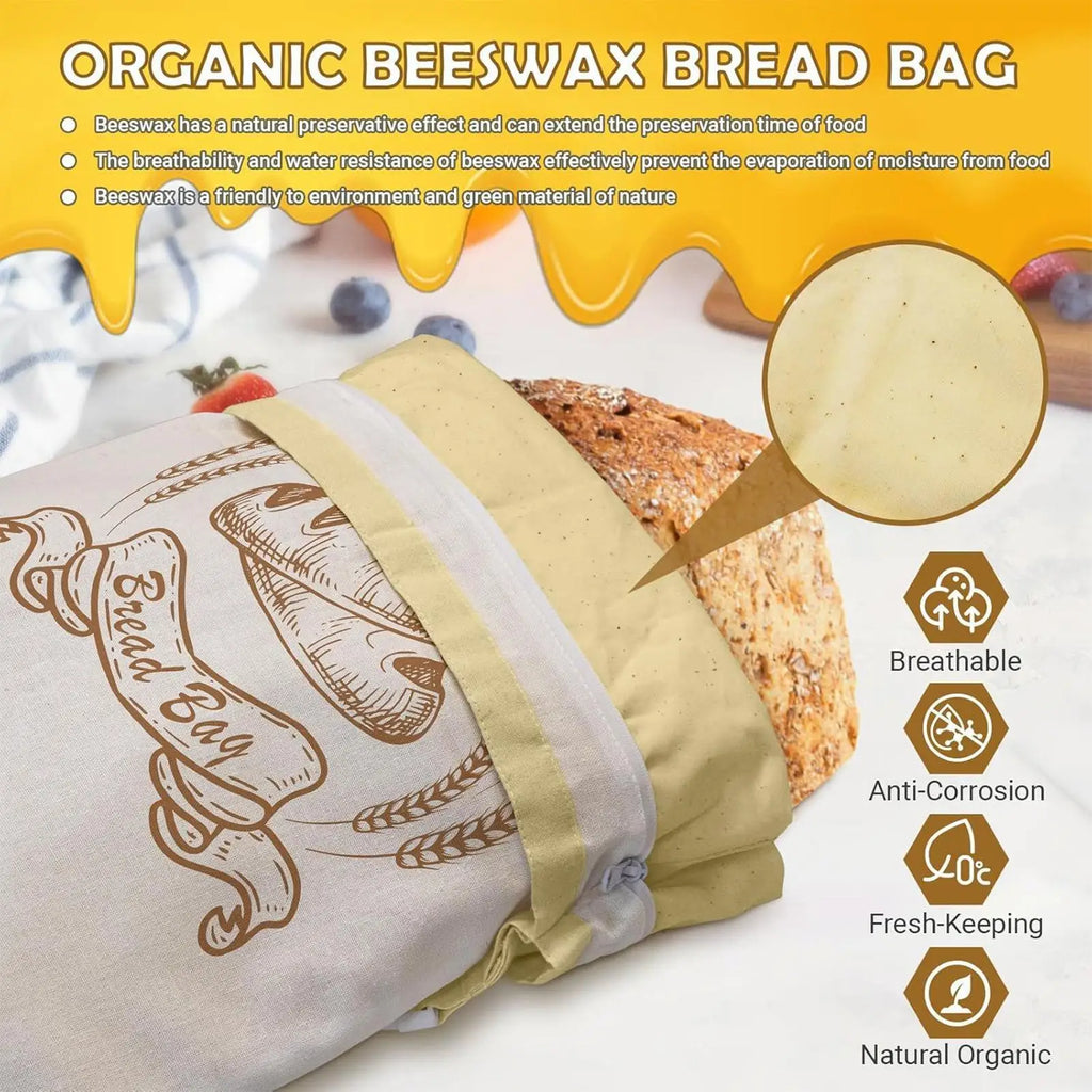 New Reusable Beeswax Bread Bags Beeswax Coated Lock Closure Bread Storage Bags 43x33cm Cotton Fabric Sourdough Bag Freezer Use Zpaxo