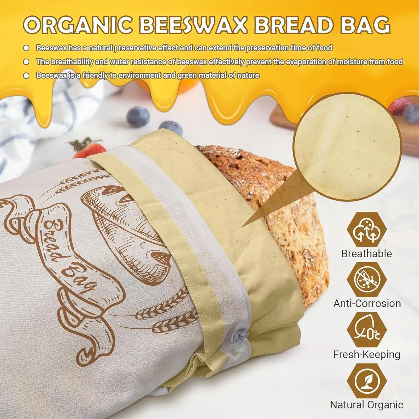 New Reusable Beeswax Bread Bags Beeswax Coated Lock Closure Bread Storage Bags 43x33cm Cotton Fabric Sourdough Bag Freezer Use Zpaxo