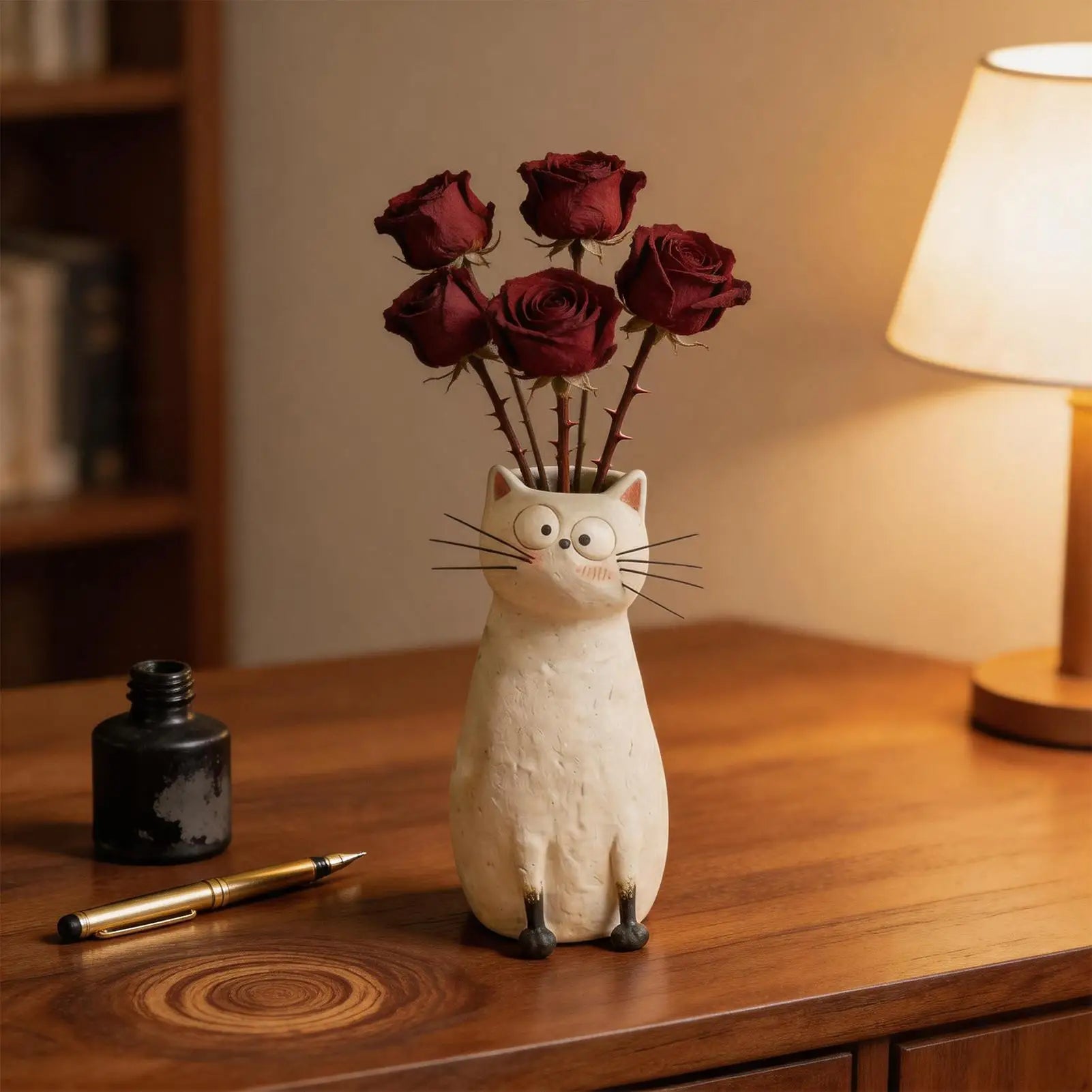 Cat Vase Resin Desk Ornament Whimsical Bookshelf Mantel Entryway