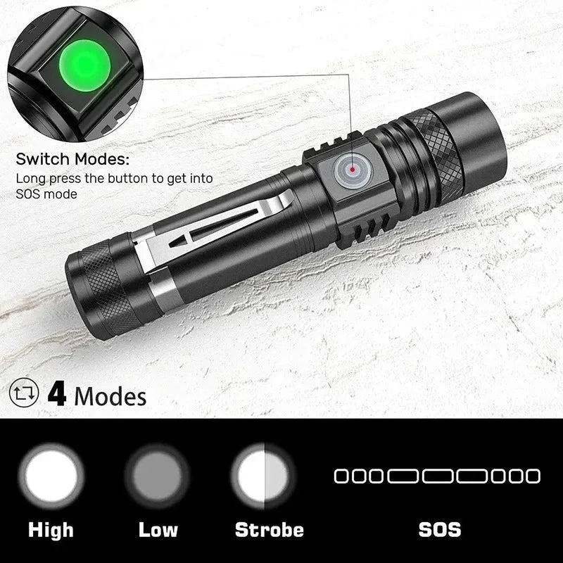 1000LM T6 LED Tactical Flashlight | Type-C Rechargeable Zoomable