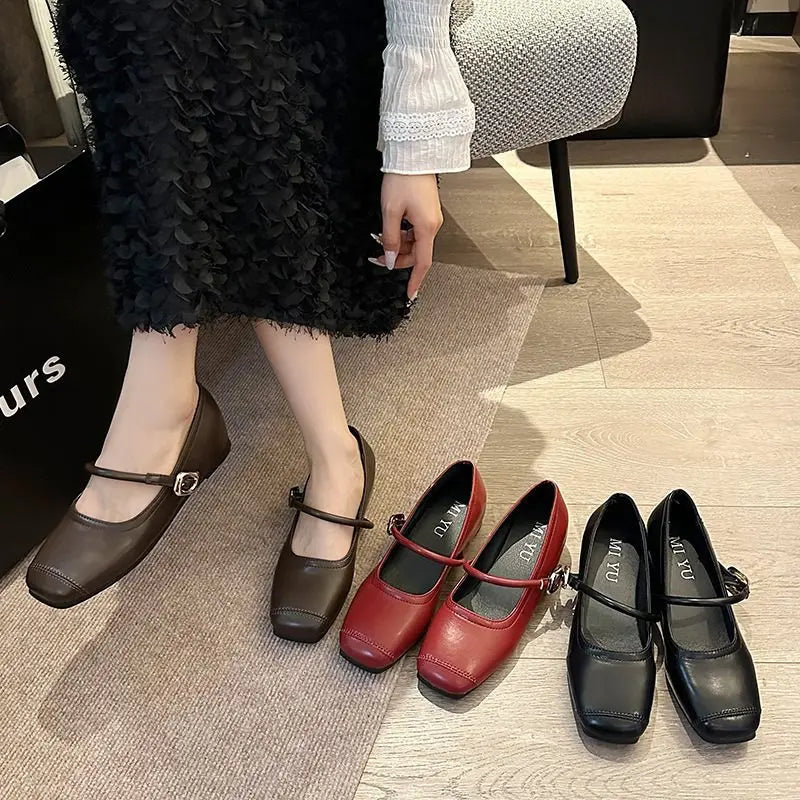 Shoes Women Fashion Medium Heeled Single Soft Comfortable Red Ballet