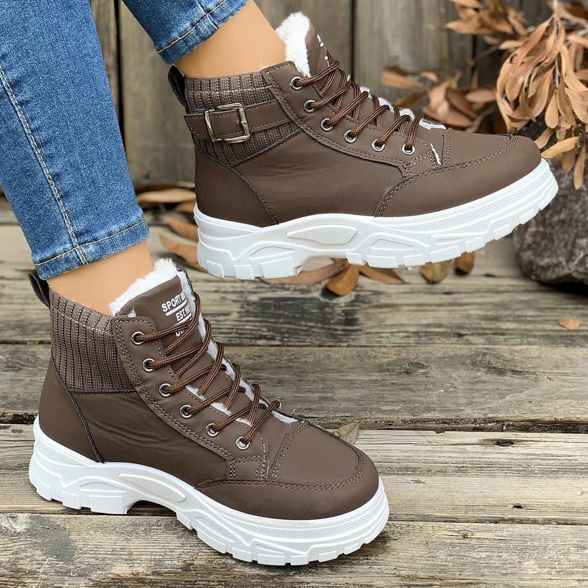 Winter Students Flat Boots Walking Pure Color Lace-up Boots Shoes Casual Sports Shoes Women Warm Boots Mid Heels Shoes Zpaxo