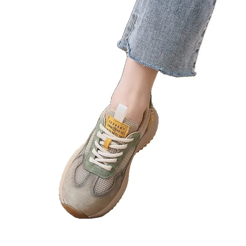 Green Beige Patchwork Chunky Sneakers Women Breathable Mesh Suede Zpaxo
