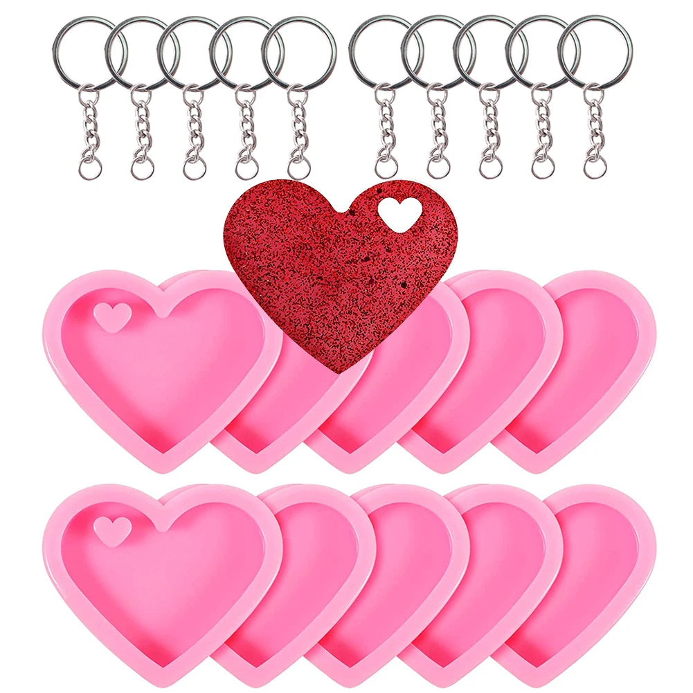 20Pcs Heart Keychain Molds Set 10 Heart Silicone Mold with Hole 10 Key Rings Pendant Jewelry Making for Valentine's Day Wedding Zpaxo