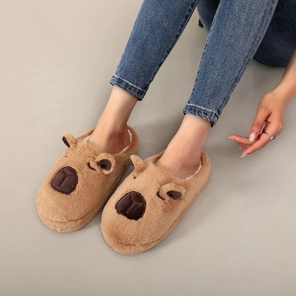 Pair Brown Plush Kapibara Animal Patterns Comfortable Furry Slippers