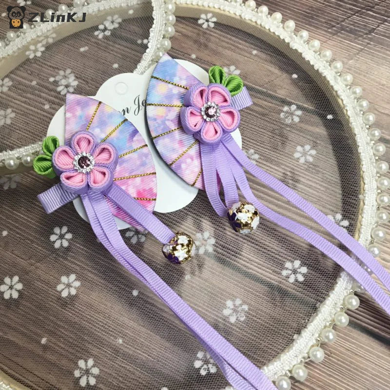 ▶Japanese Kimono Fabric Flower Folding Fan Children Hair Accessories Clip Tassel Headwear Headdress Barrette Zpaxo