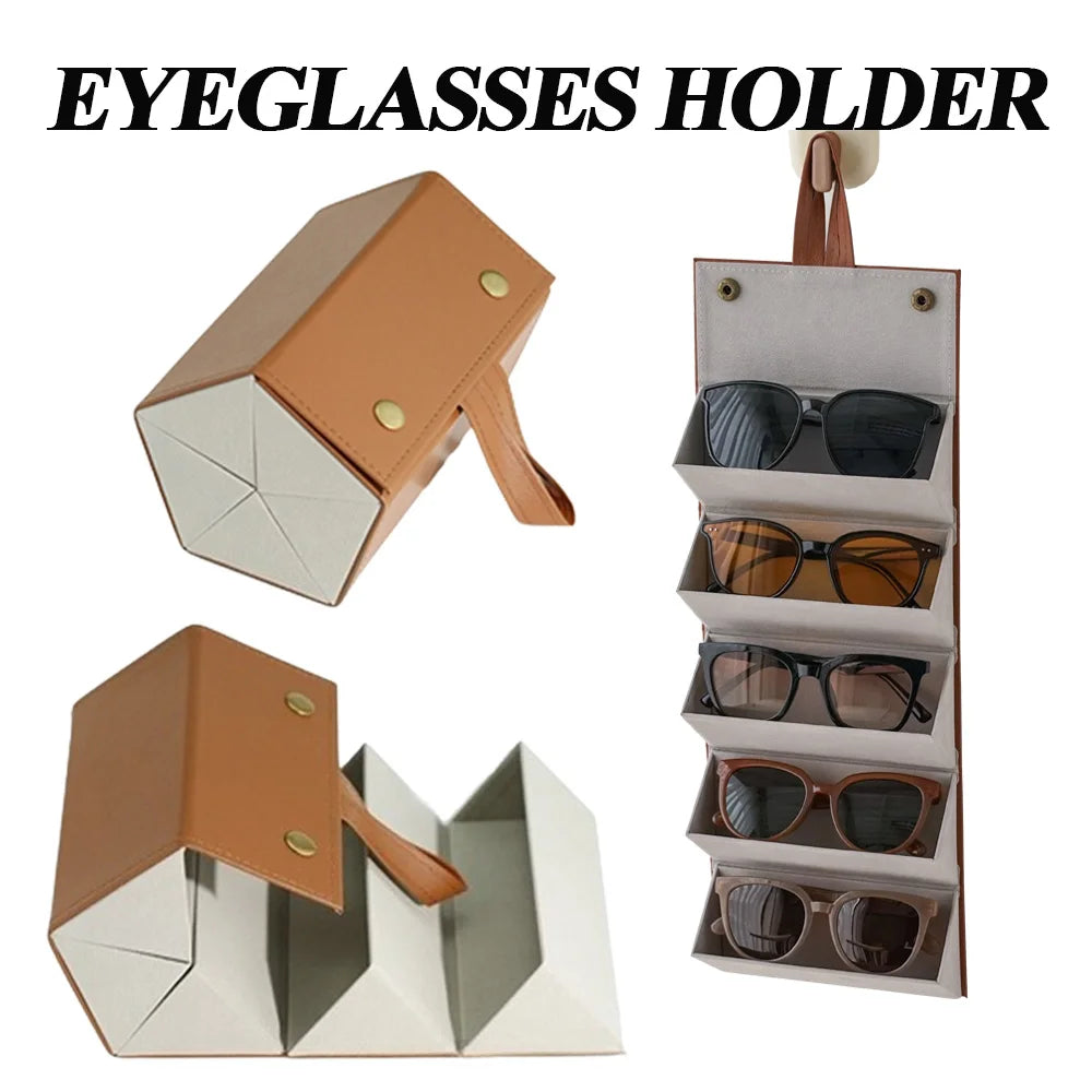 1pc 5 Slots PU Leather Sunglasses Storage Case Portable Foldable Eyeglasses Organizer Display Multi Hanging Eyeglasses Holder Zpaxo