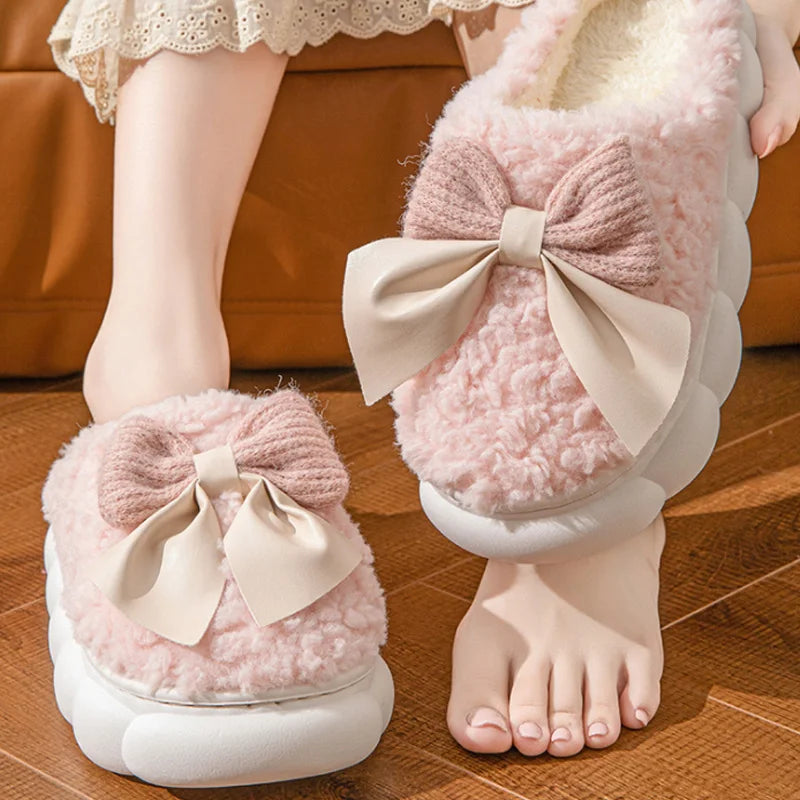 Winter Warm Fur Slippers Women Cute Bow House Non Slip Soft Shoes