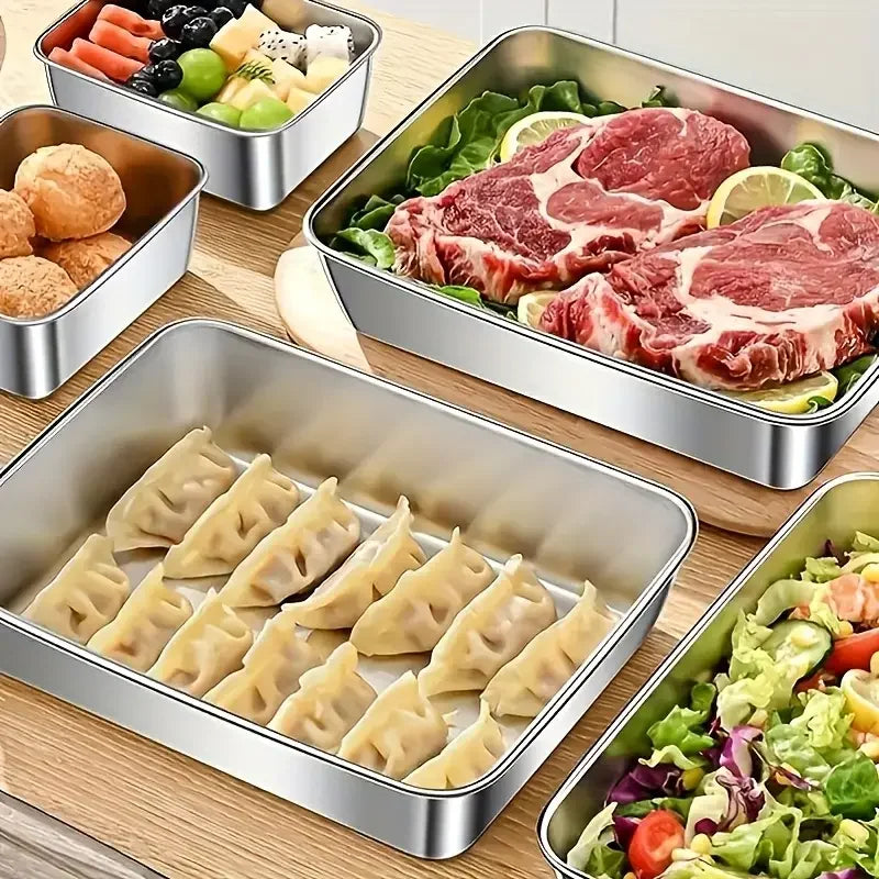 Plate Stainless Steel Food Container with Cover Thick Tray Fresh-keep Food Fruit Lid Sealed Storage Box Kitchen Fridge Organizer Zpaxo