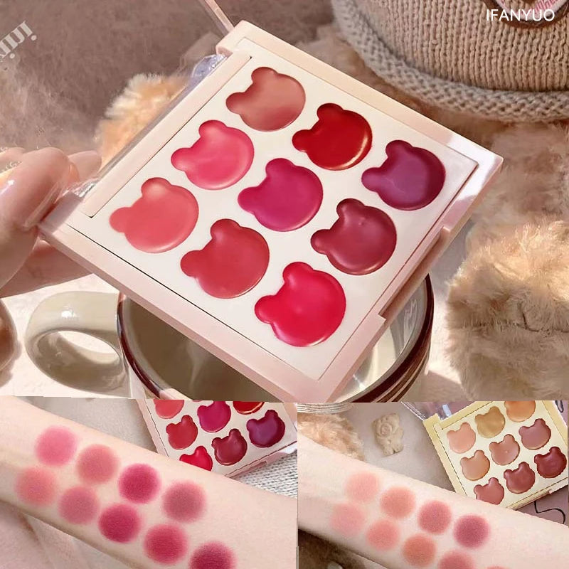 9Color Bear Lipstick Palette Lip Mud Matte Sweet Warm Colors Cheeks