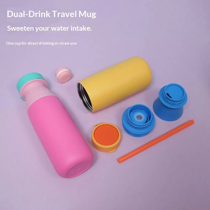 Cross-border New Dual-drinking Milk Tea Cup, 304 Stainless Steel Vacuum Insulated Cup, Detachable Handheld Children's Water Cup Zpaxo