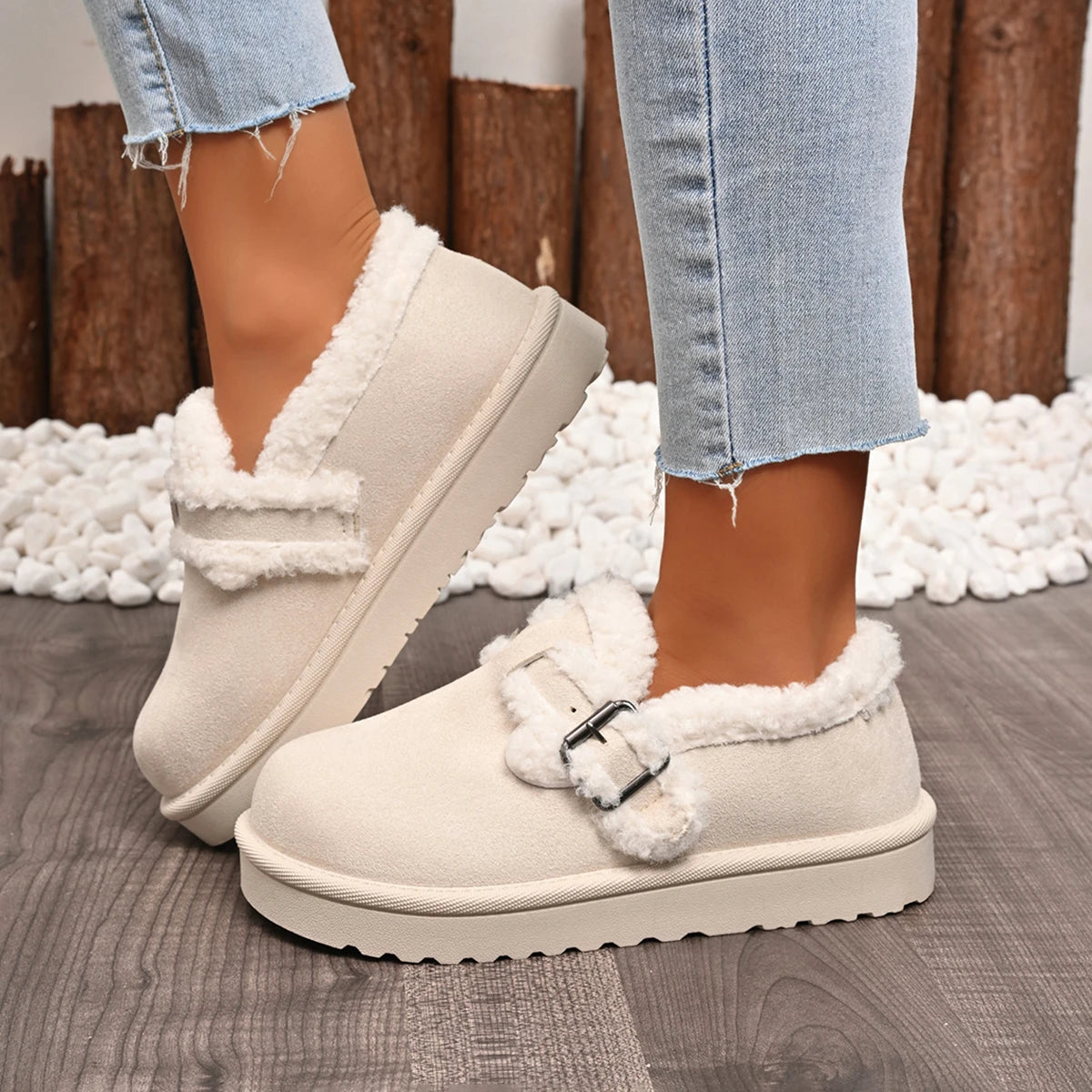 Women Boots Fashion Faux Fur Shoes for Women Winter Thick Bottom Non Slip Ankle Boots Warm Metal Belt Buckle Snow Boots Women Zpaxo Beige 37