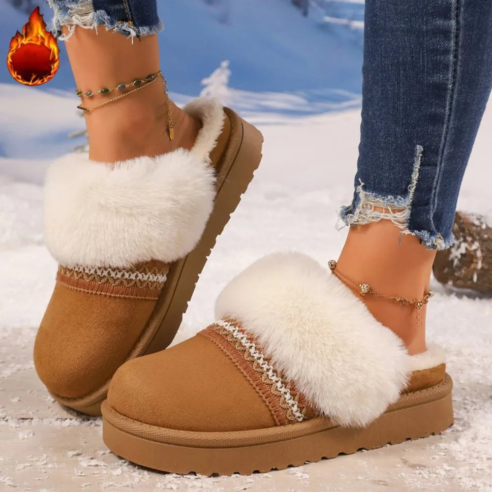 Fashion Striped Fluffy House Slippers Women 2025 Winter Warm Plush
