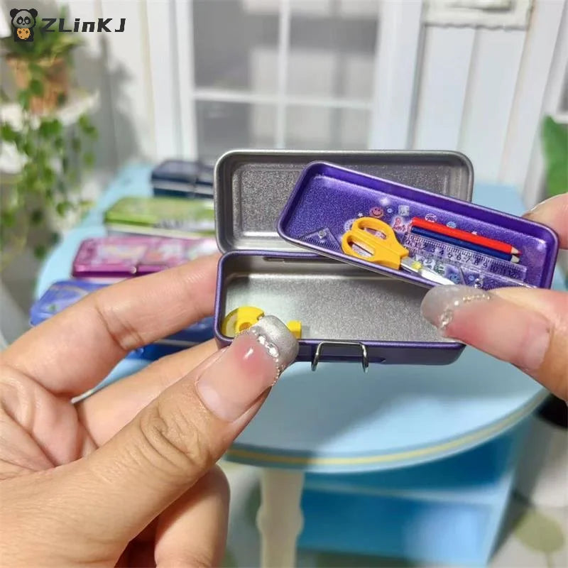 ▶Dollhouse Miniature Double Layer Iron Pencil Box Pen Ruler Measuring Tape Scissors Model Micro Landscape Decor Pretend Play Toy Zpaxo