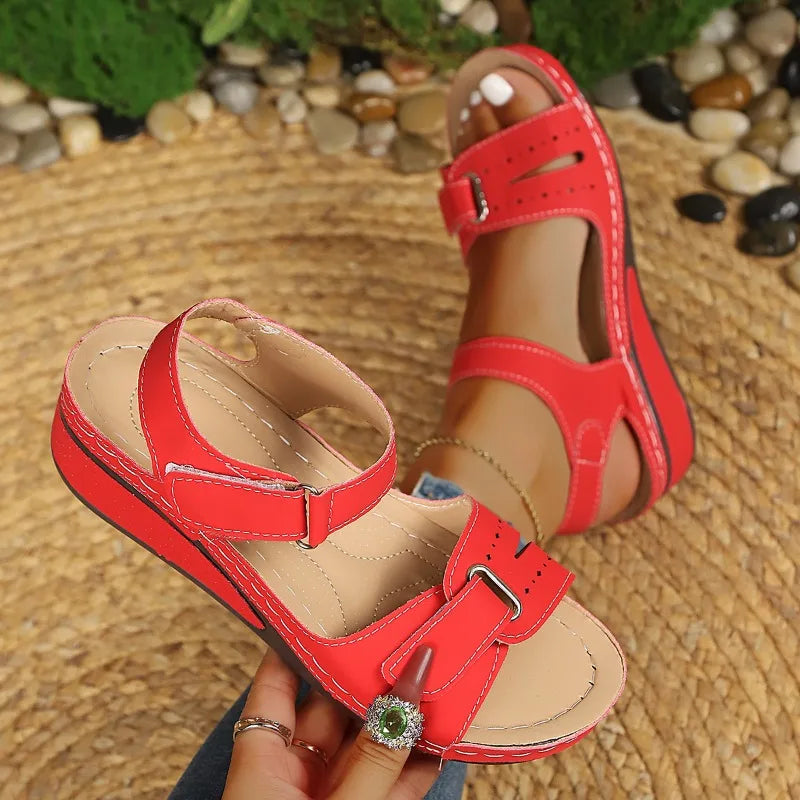 Women's Fish Mouth Open Toe Comfortable Vintage Wedge Heel Sandals Zpaxo Red 37