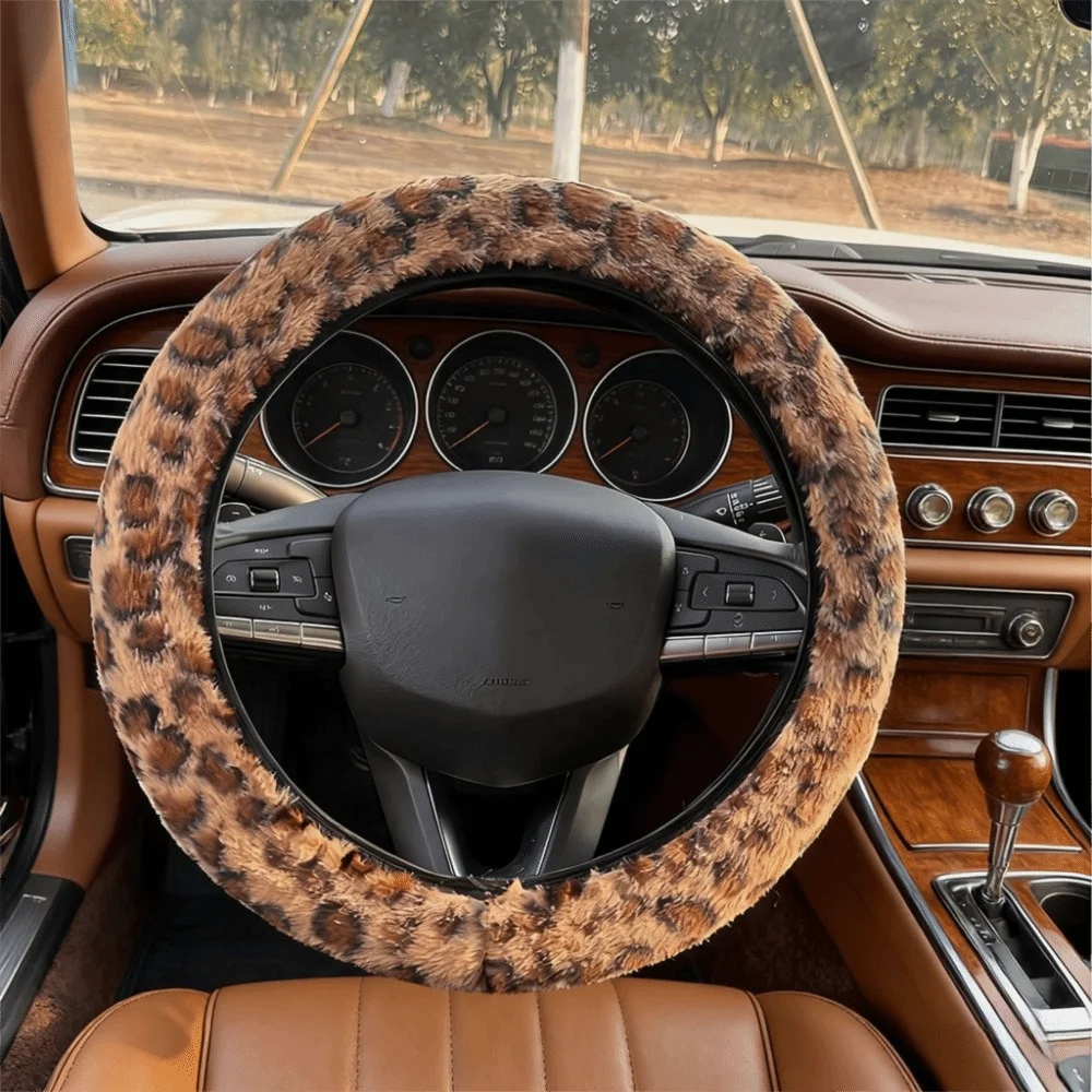 Leopard Steering Wheel Cover Winter Fur Artificial Rabbit Soft Zpaxo