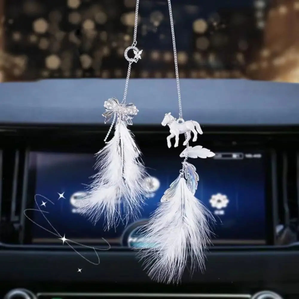 Soft Double Bow Feather Car Pendant Elegant Pony Feathers Pendants Zpaxo