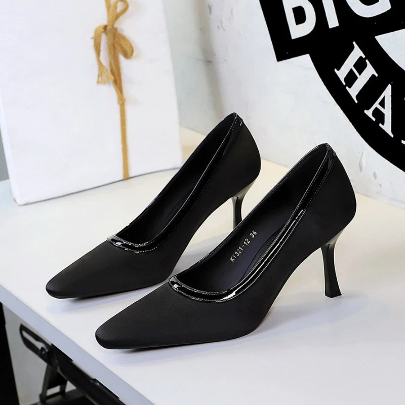 Womens Black Satin Pointed Toe Heel Pumps Patent Trim Elegant Zpaxo