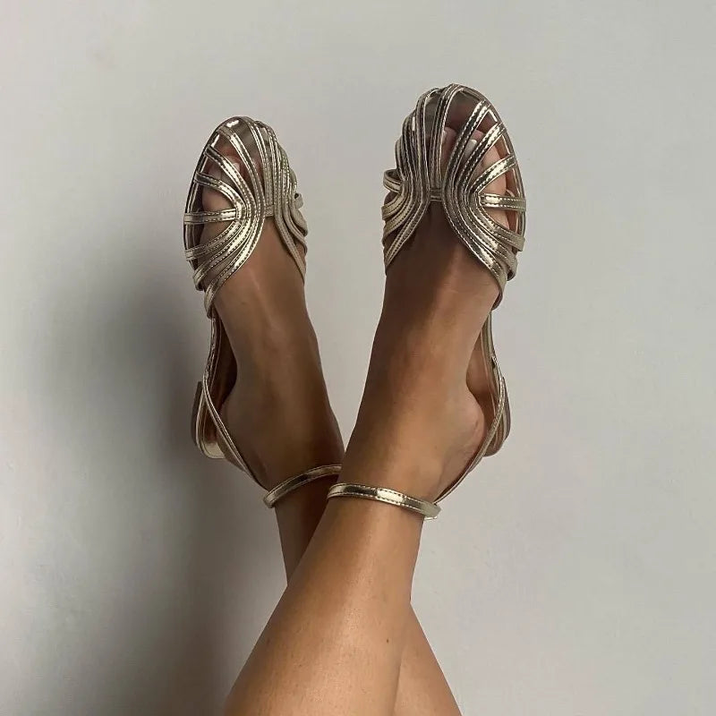 Sandals for Women Summer 2025 Flat Sandals Fish Mouth Ankle Buckle Hollowed Out Women Roman Sandals Plus Size 42 43 Ladies Shoes Zpaxo
