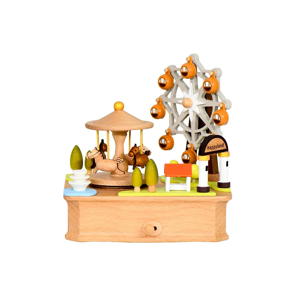 Wooden Carousel Ferris Wheel Music Box – Hand Cranked Gift