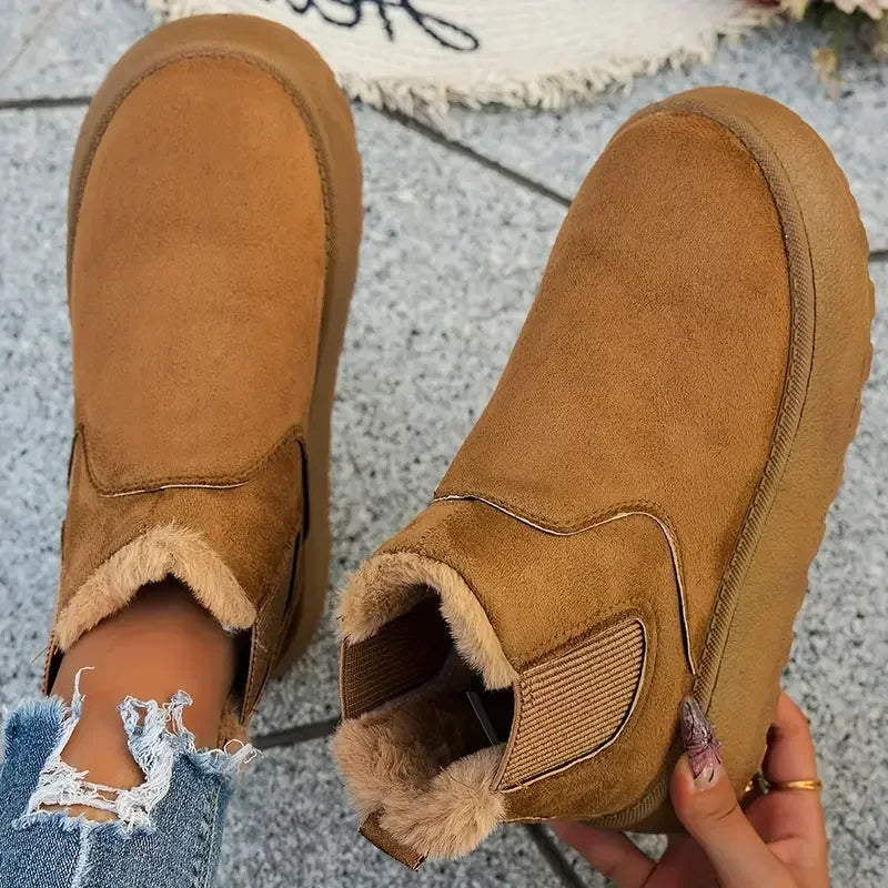 Women Short Plush Warm Snow Boots 2025 New Luxury Designer Shoes Casual Fur Chelsea Ankle Boots Flats Platform Ladies Shoes Zpaxo Brown 36