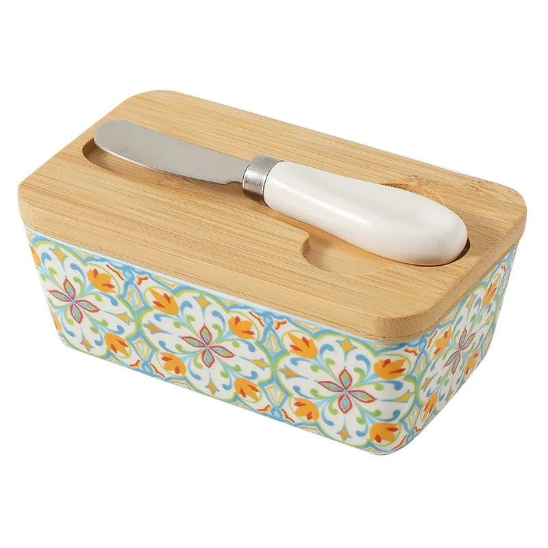 350ML Rural Style Ceramic Butter Box with Knife and Cover, American Household Cross-border Cheese Kitchen Storage Box Zpaxo