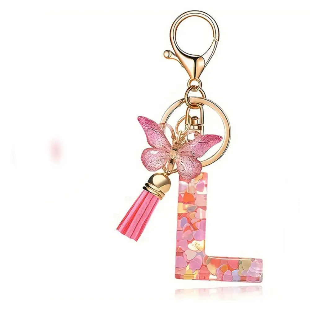 Personality Dreamy 26 Letter Keychain Sequin A-Z Butterfly Initial Keyring Exquisite Pink Alphabet Key Chain Handbag DecorWomen Zpaxo Letter L