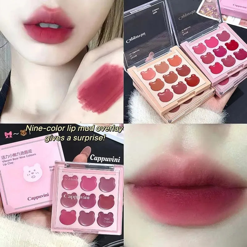 9Color Bear Lipstick Palette Lip Mud Matte Sweet Warm Colors Cheeks