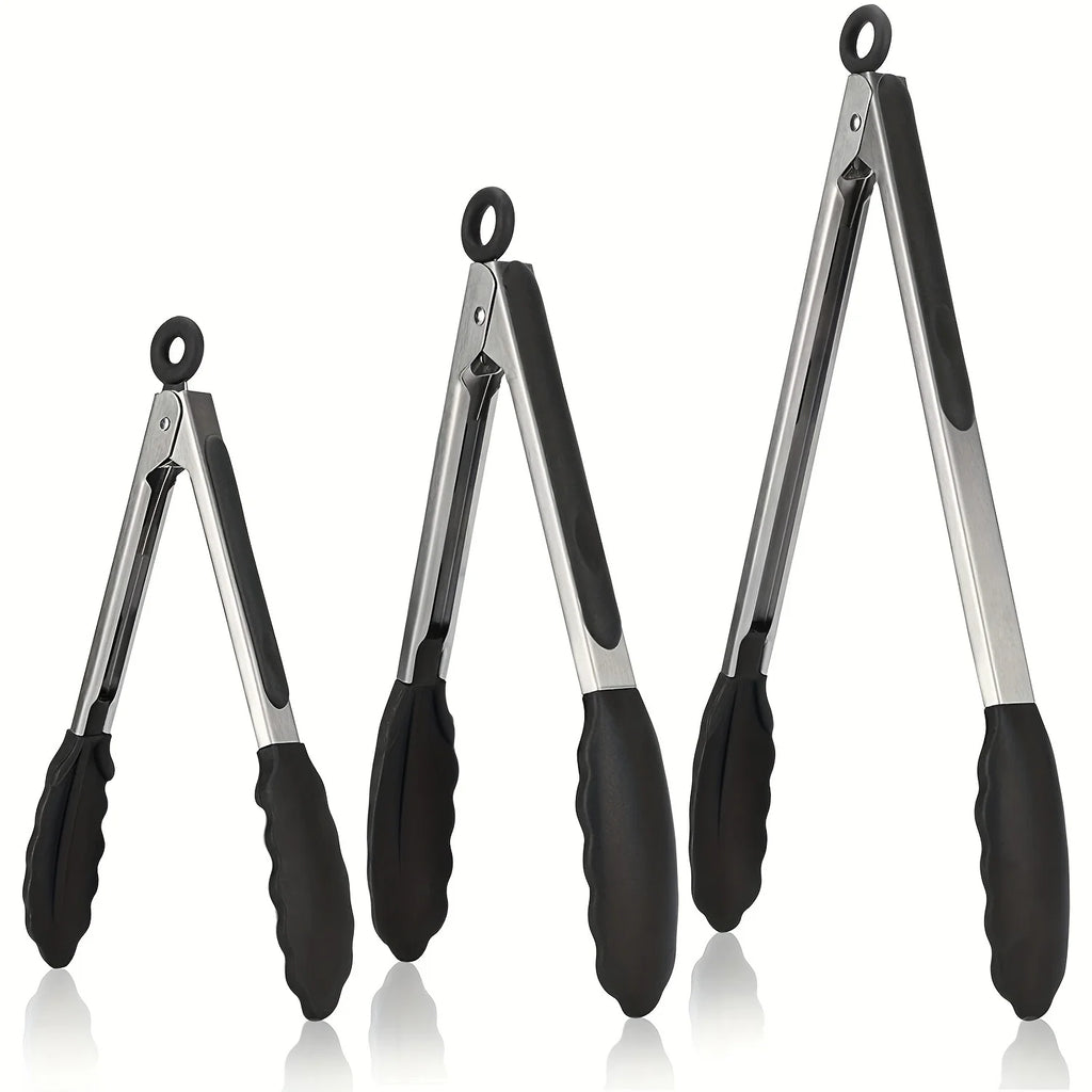 Pointed-end Barbecue Clamps, Red Black Silicone Handle Grill Tongs for Cooking, BBQ, Baking, Salad, Serving Kitchen Utensil Zpaxo 3pcs