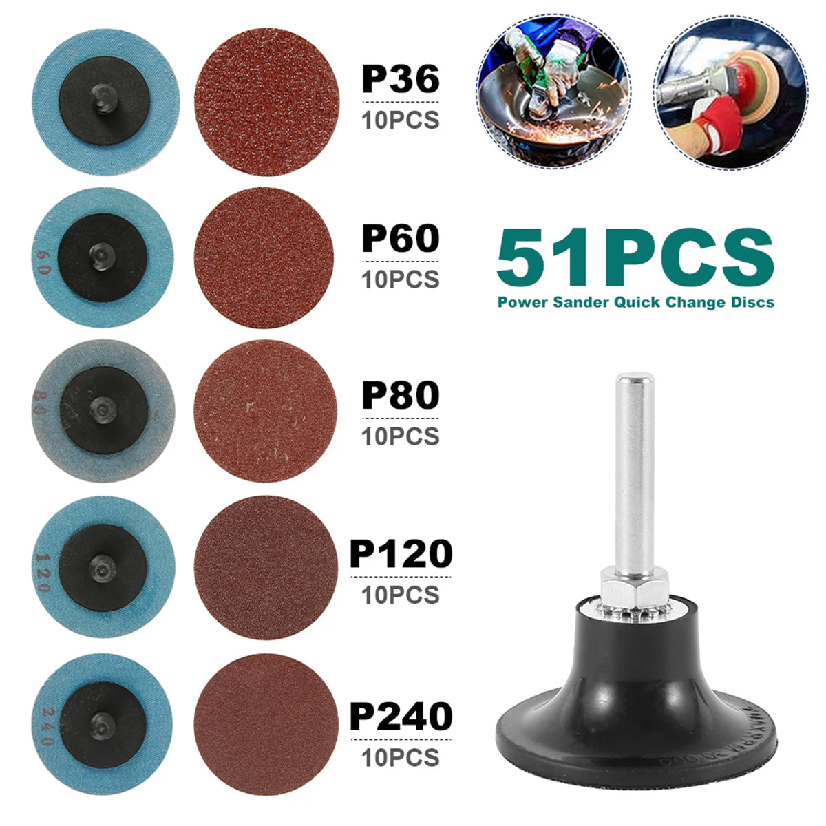 50Pcs Sandpaper 36-240 Grit Grinding Wheel Set Quick Change Combination for Wood Furniture Finishing/Metal/Automotive Polishing Zpaxo