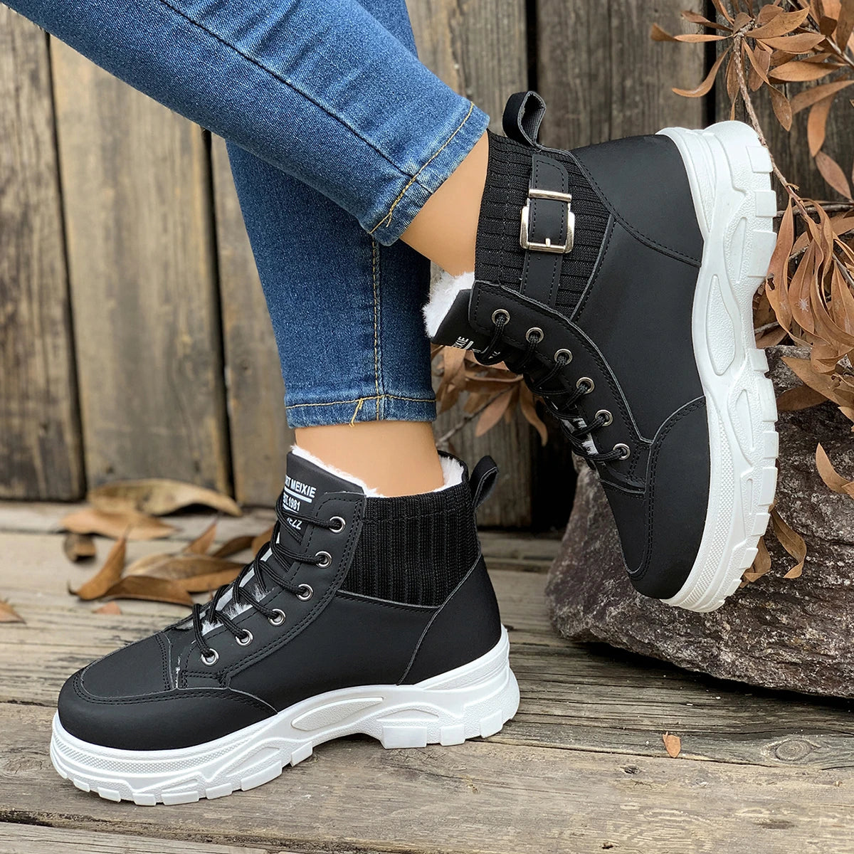 Winter Students Flat Boots Walking Pure Color Lace-up Boots Shoes Casual Sports Shoes Women Warm Boots Mid Heels Shoes Zpaxo