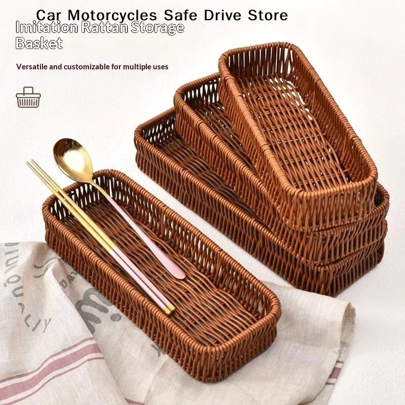 MHandwoven Faux Rattan Storage Tray Waterproof Sturdy Kitchen Cutlery