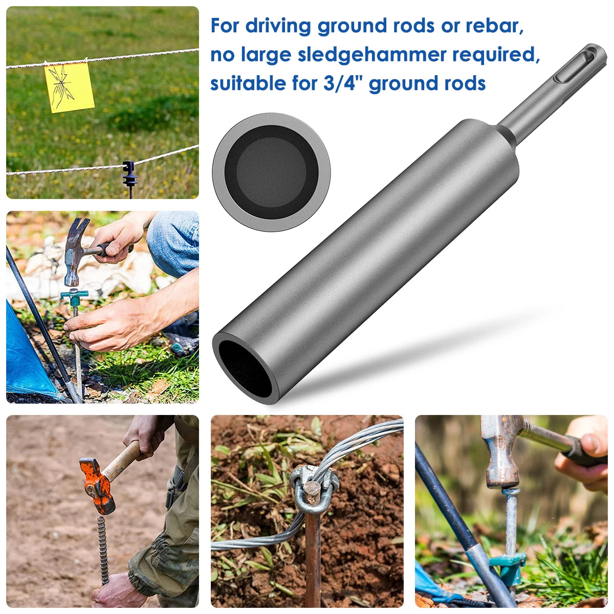 SDS Plus Ground Rod Driver for Rotary Hammer Drill Tools 19/21/25/35mm Hardened Steel Earth Stake Hammer Drill Grounding Rod Zpaxo