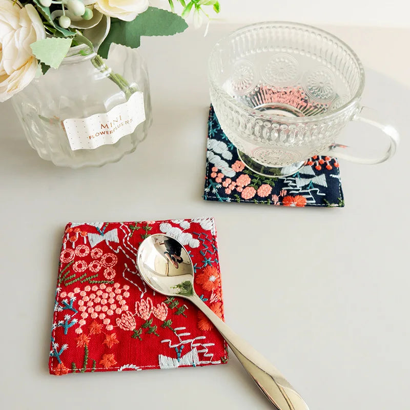 Cotton Hemp Embroidery Cup Mat – Thick Insulated Tea Coaster Tea Table Coaster Zpaxo