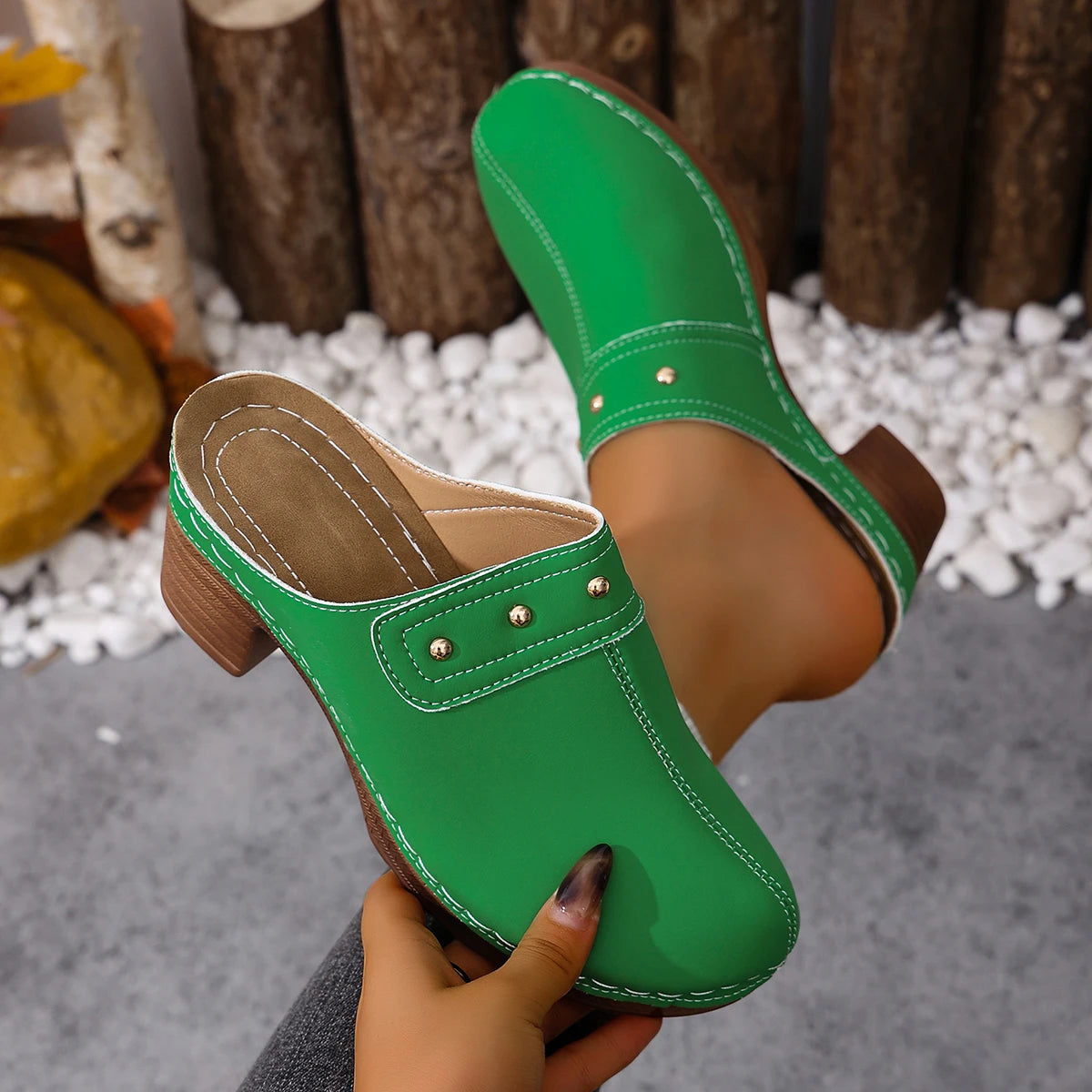 Women Slippers 2026 Chunky Heels Platform Sandals Summer Retro Round Zpaxo green 42