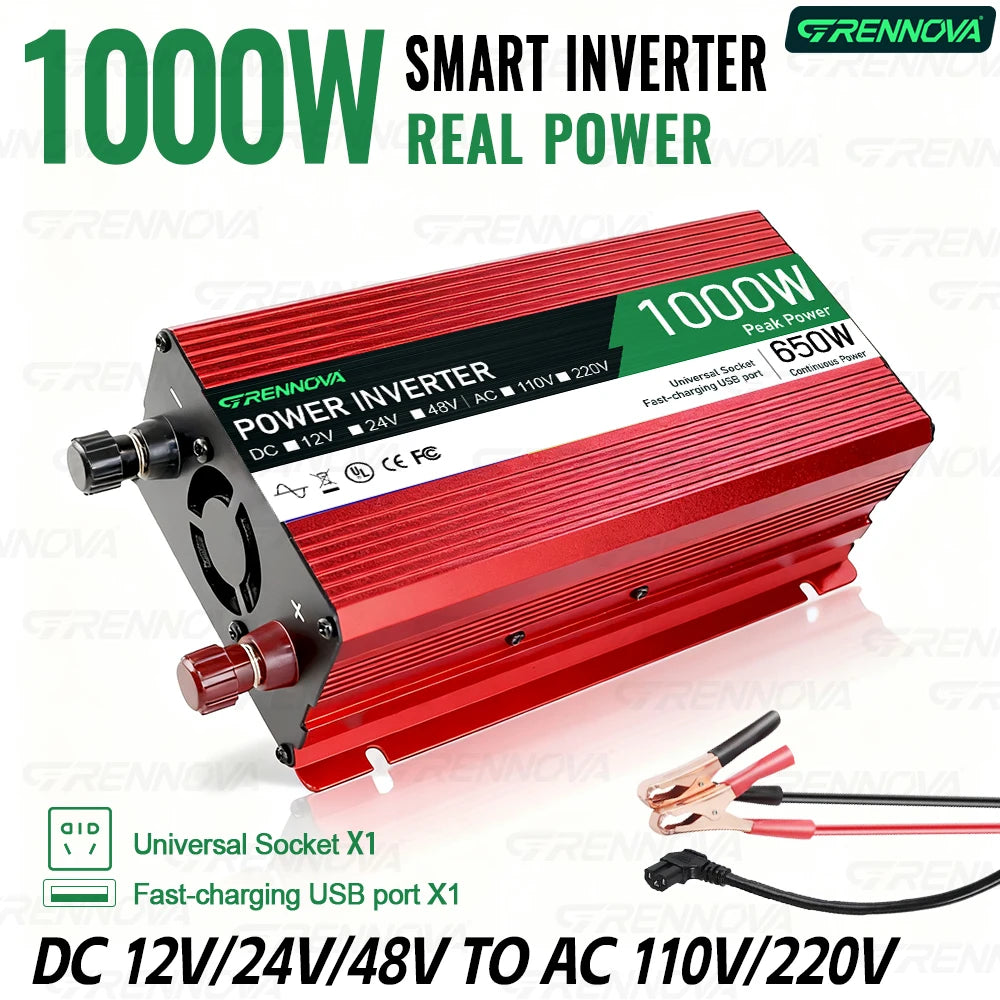 Grennova 1000W True Rated Power Inverter DC 12V/24V/48V to 110V/220V AC Converter for Road Trip & Camping w/ USB & AC Outlets Zpaxo