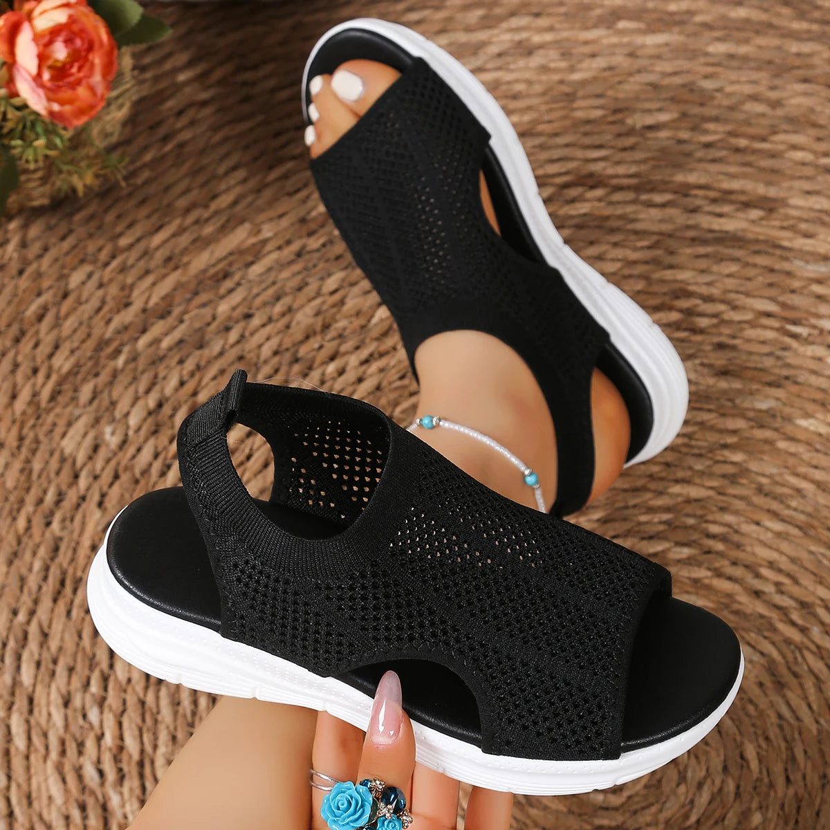 Women Sandals Trend Comfortable Slip-On Sandals Breathable Knit Open Toe Shoes Low Heel with Durable Rubber Sole Shoes for Women Zpaxo black 39