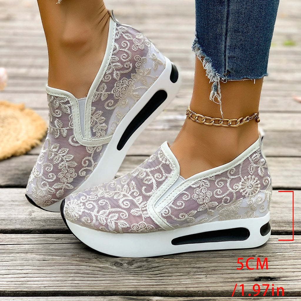 Women Sneakers Embroidery Platform Loafers Comfortable Trend Plus Size Women Shoes Mesh Lace Flats Slip on Wedge Female Shoes Zpaxo