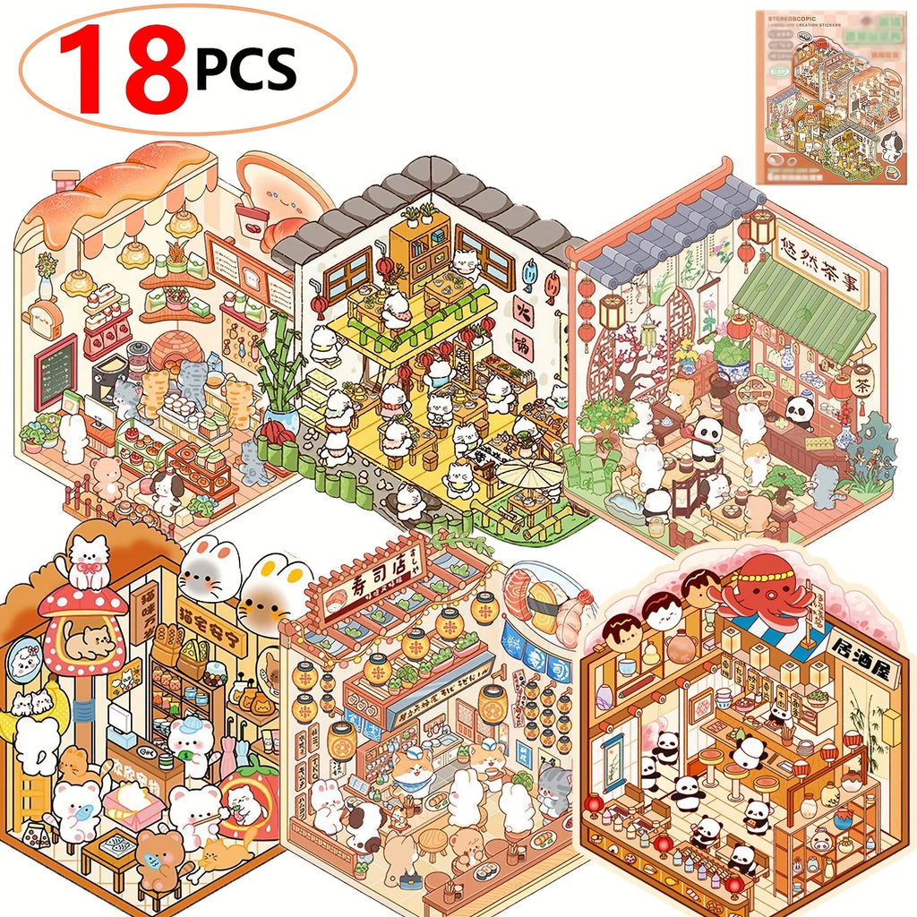 18 PCS 3D Mini Book Scene Stickers, Teahouse, Pet Shop, Hot Pot Shop, Izakaya, Bakery, Creative Stackable Cottage Designs Zpaxo 18PCS
