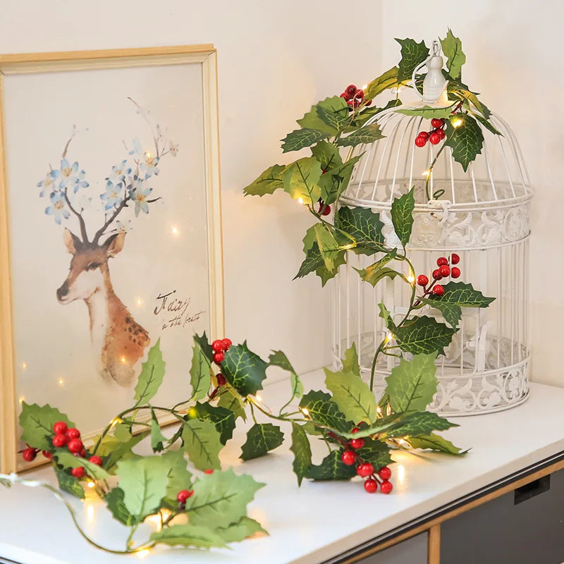 2M Artificial Holly Leaves Vine Red Berries Christmas Rattan DIY