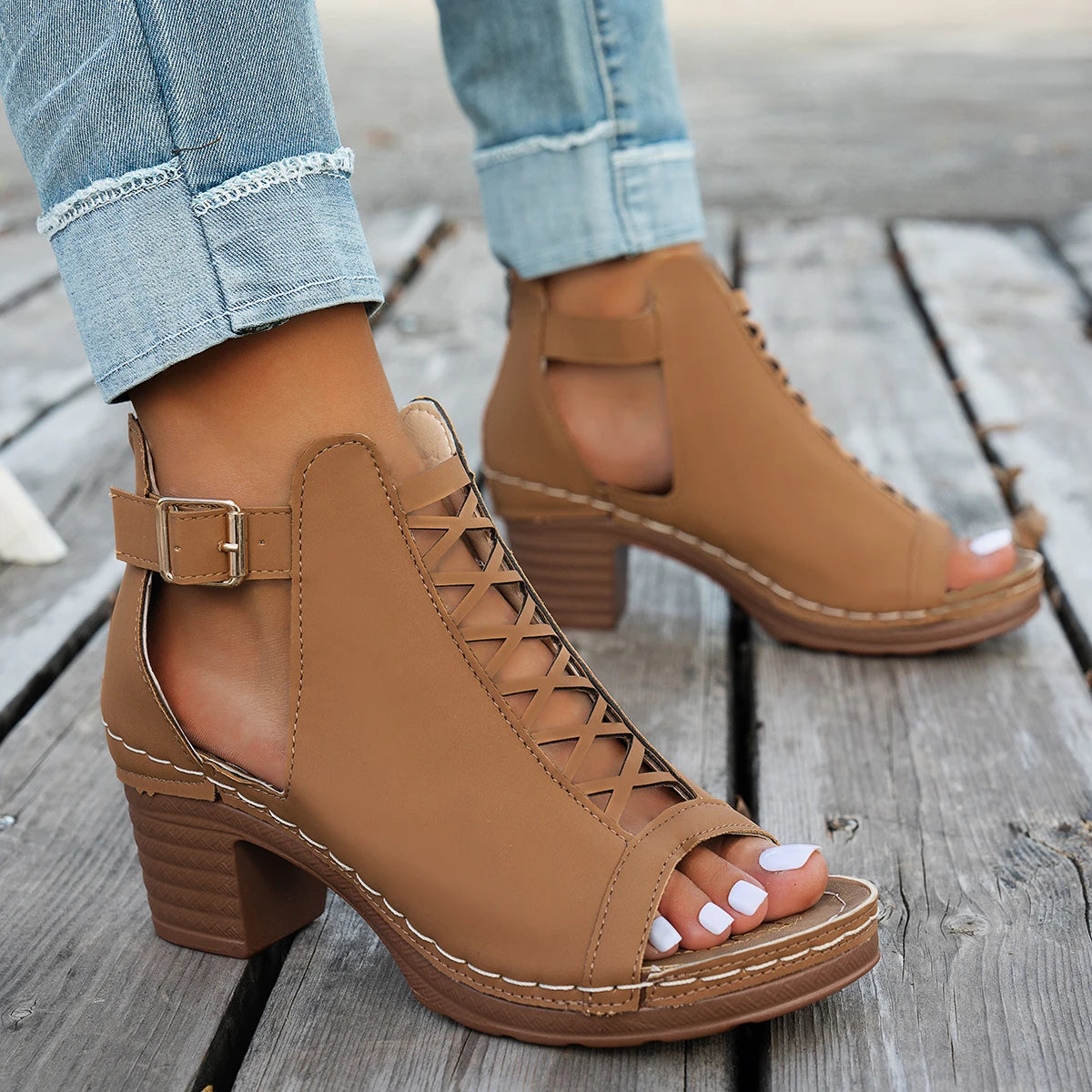 2025 New Women Chunky Heeled Sandals Outdoor High Heels Sandals Retro Peep Toe Cut-out Buckle Strap Shoes Women Zapatos De Mujer Zpaxo Brown 42