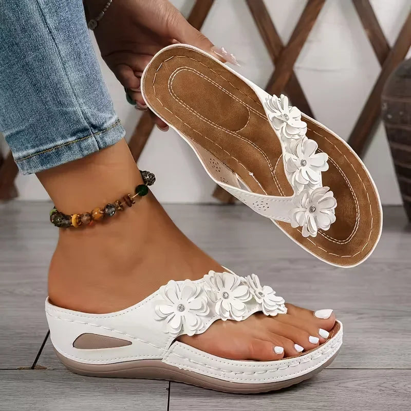 Women Platform Slippers Flowers Wedges Shoes Summer Lightweight Flip Zpaxo WHITE 36