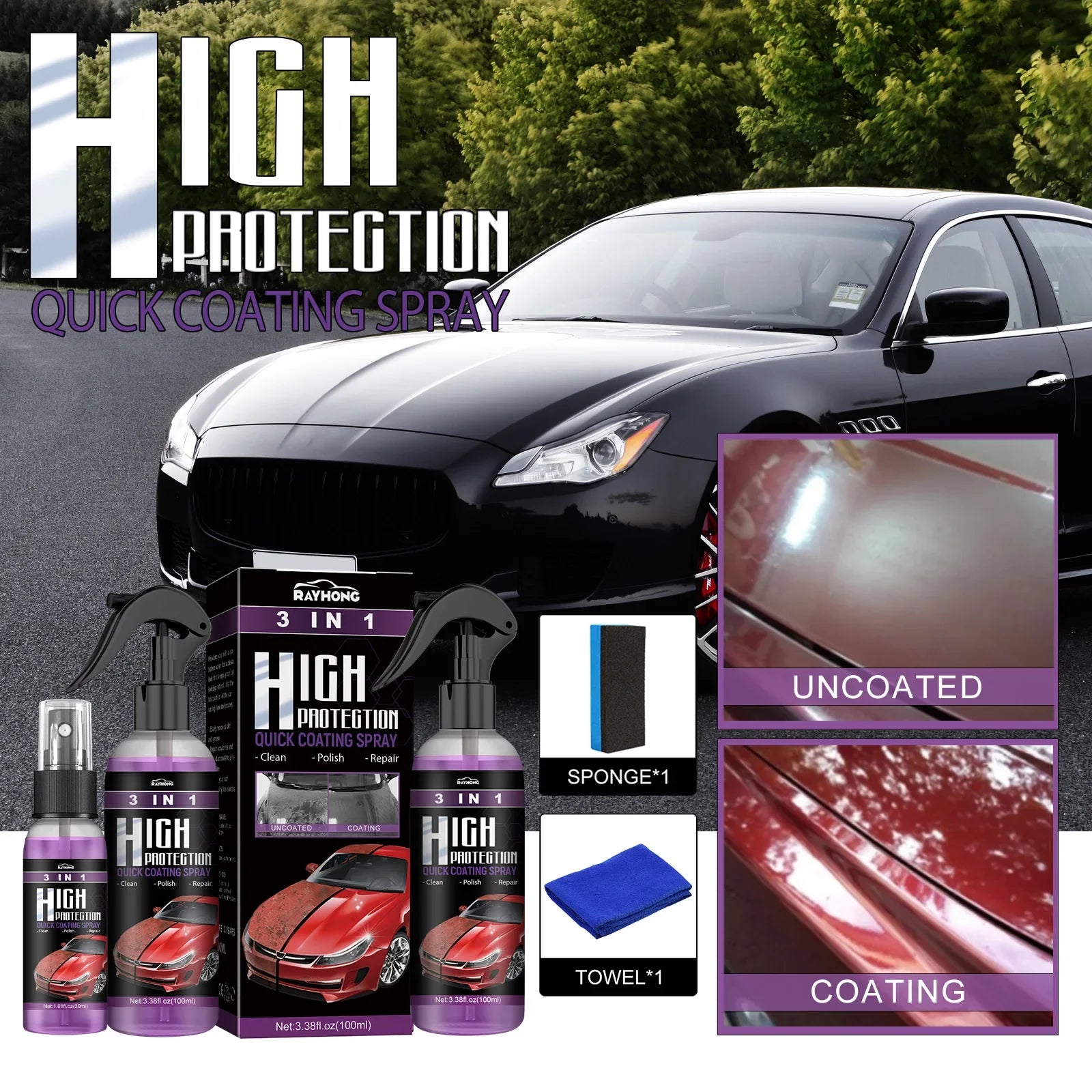 3-in-1 Nano Ceramic Coating Spray – Car Polish & Wax