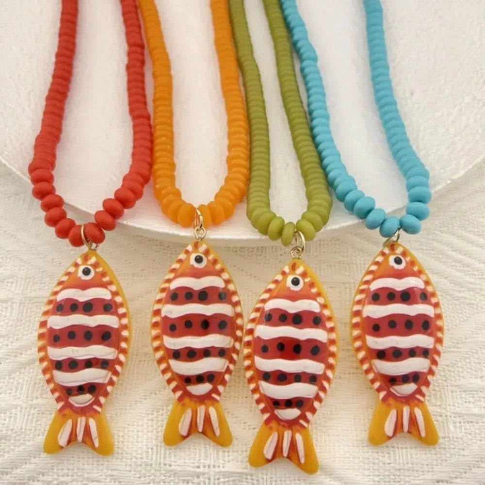 Fashion Colorful Fish Pendant Necklace Handmade Boho Beaded Chain Necklace Jewelry Gift Summer Beach Zpaxo